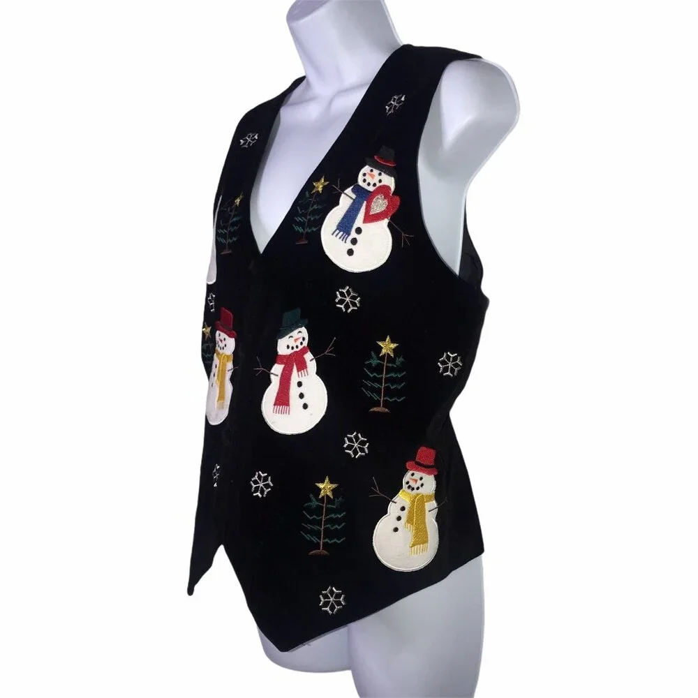 Vintage Westbound Christmas Vest Womens Petites PM Black Velvet Holiday Snowman - Picture 6 of 10
